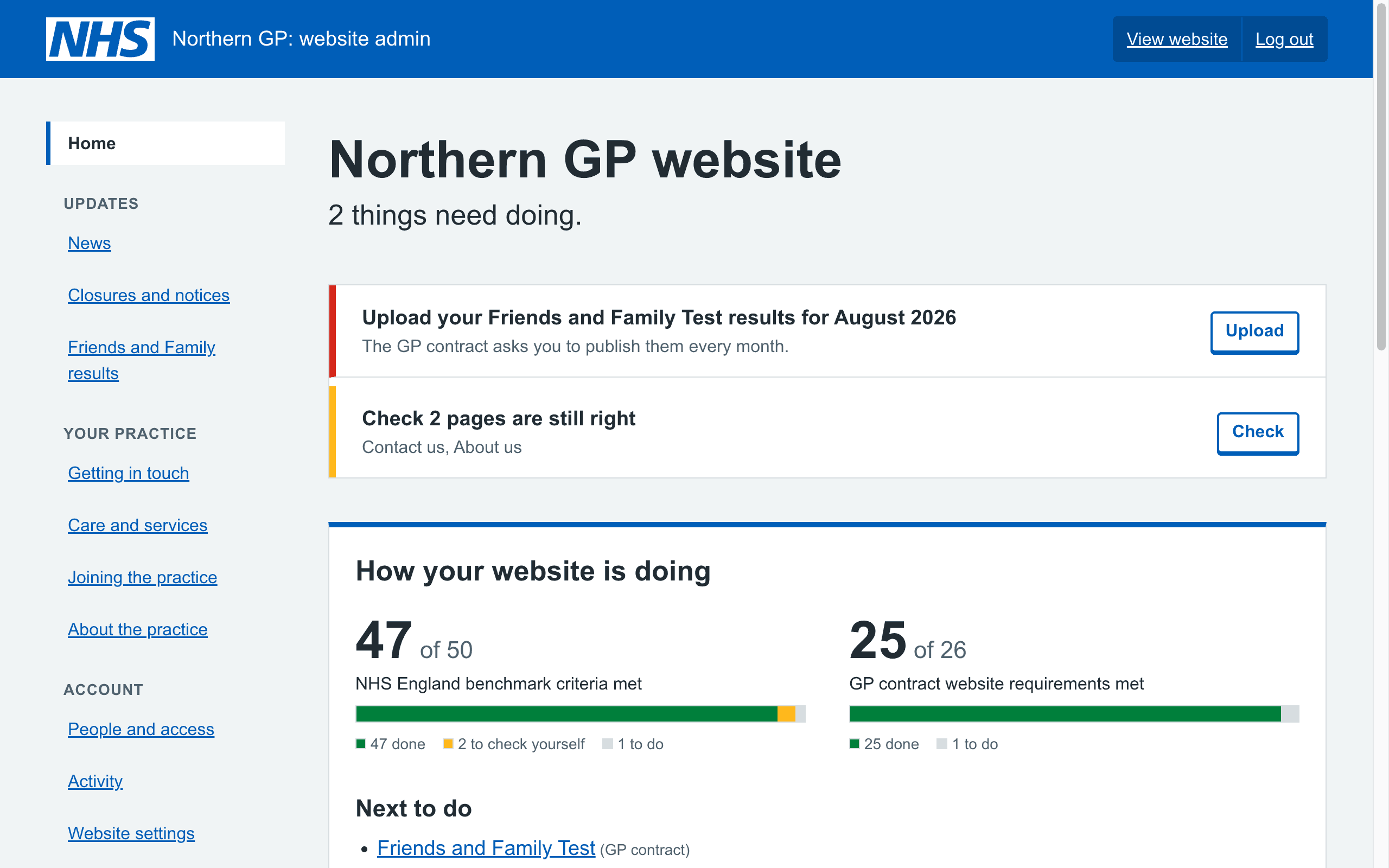 The demo practice's admin home. A menu down the left groups Updates, Your practice and Account. The page says 2 things need doing: upload the August Friends and Family Test results, marked overdue, and check 2 pages are still right, each with a button. Below, How your website is doing shows 47 of 50 NHS England benchmark criteria met and 25 of 26 GP contract requirements met