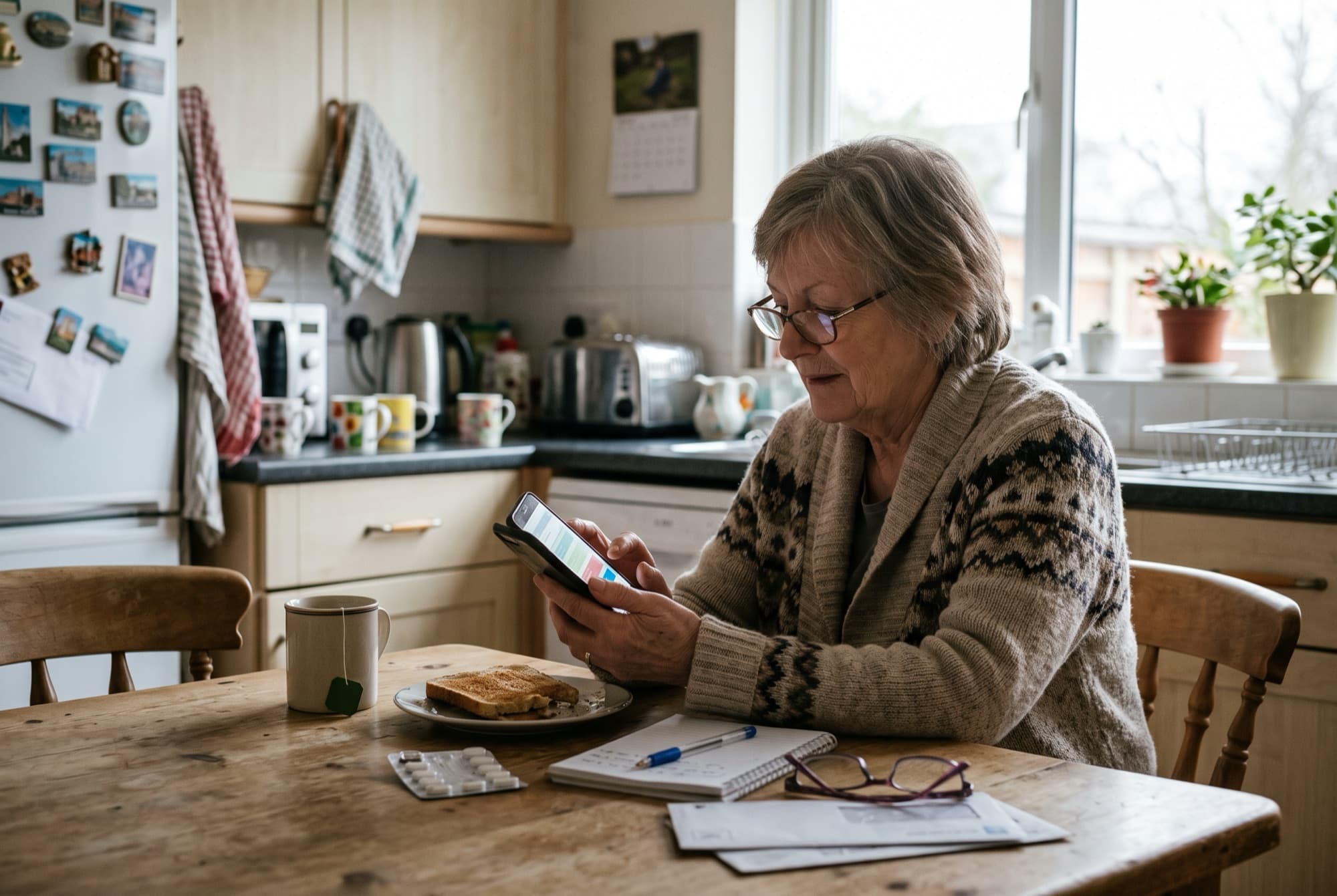 An older woman at her kitchen table checking her GP practice's website on her phone