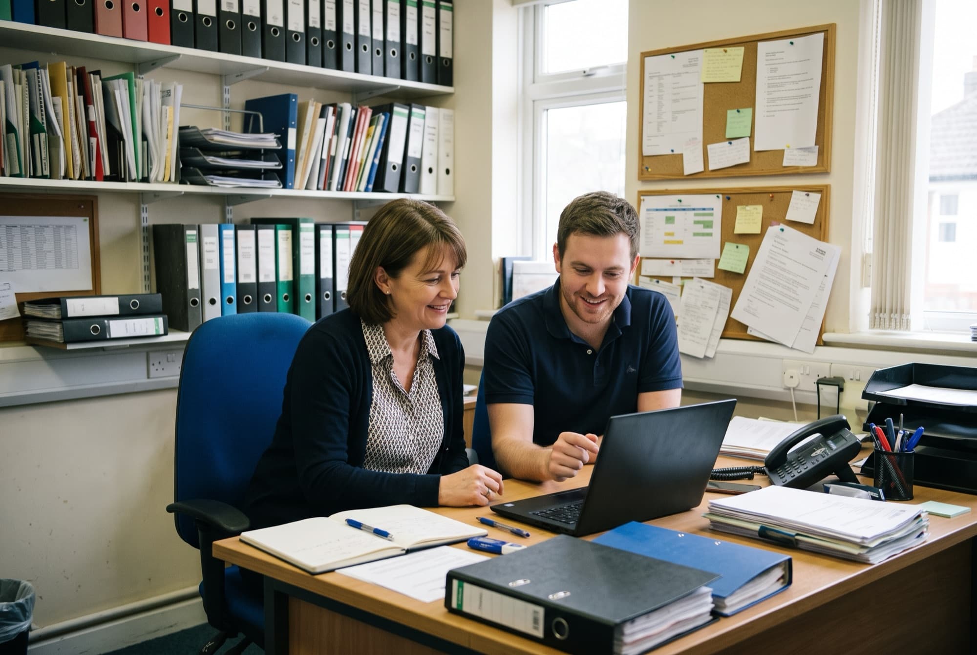 Two members of a practice team smiling as they update their website on a laptop in the practice office